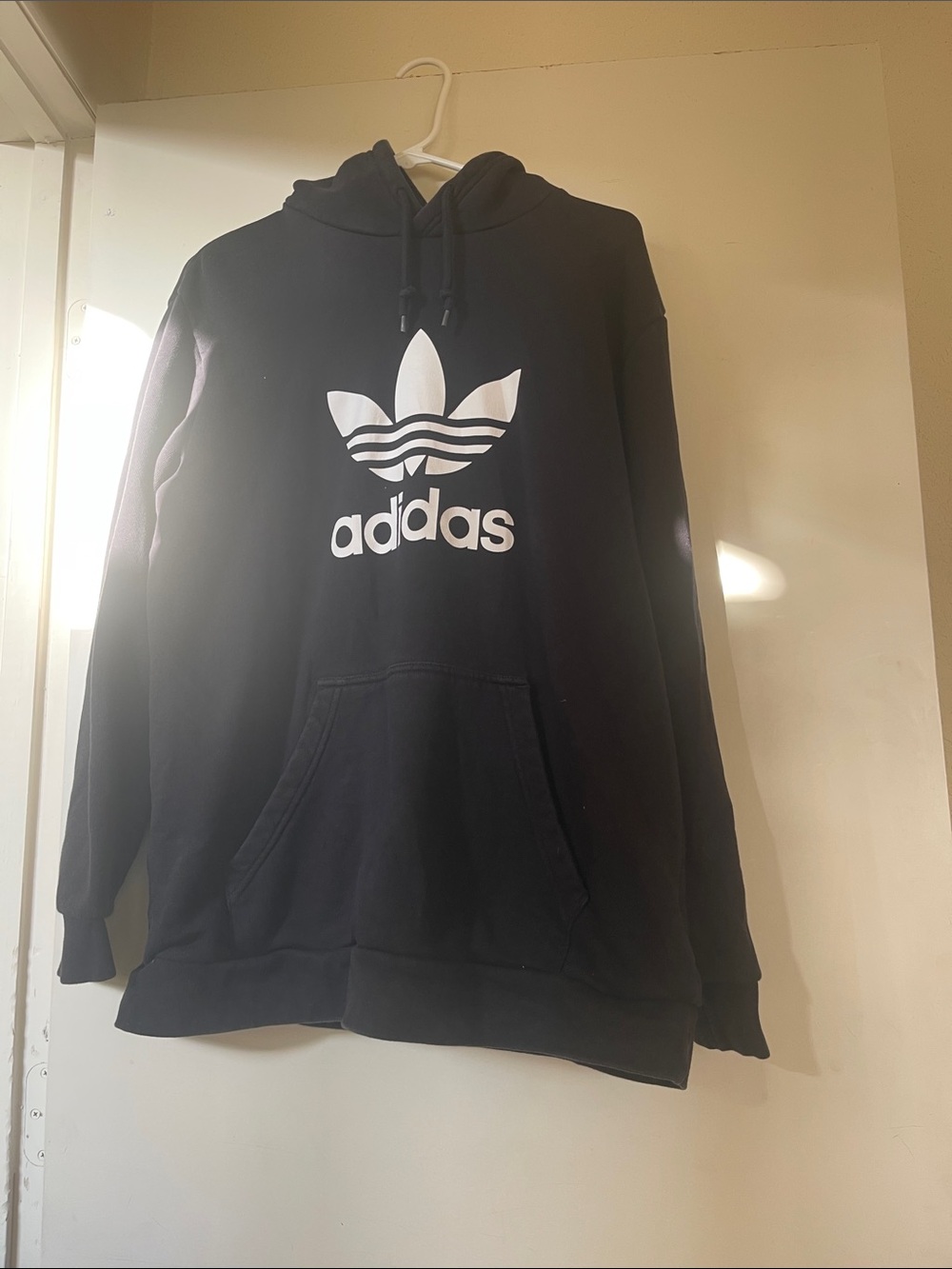 Adidas Black Heavy Hoodie with White Trefoil Logo - Size L